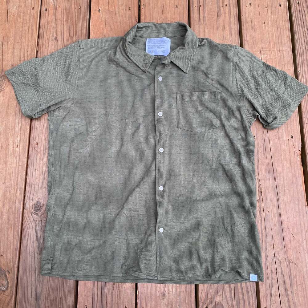 Ministry of Supply Hybrid Seersucker Short Sleeve Cooling Shirt L Olive Green